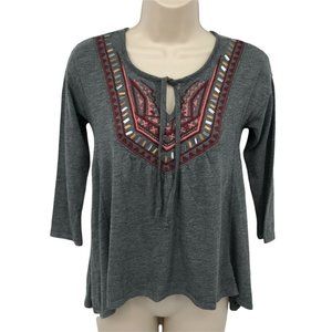 Hollister Womens Keyhole Neck Embroidered Beaded Yoke Gray Blouse Top Size XS